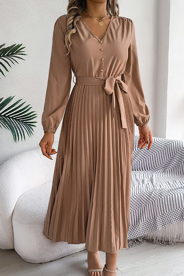 Deep V-Neck Bishop Sleeve Button Front Pleated Belted Midi Dress