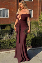 Off Shoulder Plunging V Ring Detail Ruched Front Drape Maxi Dress