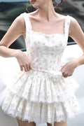 Apricot Square Neck Lace Trim Swiss Dot Tiered Belted Mini Dress