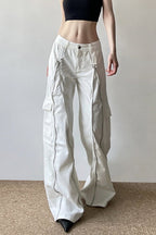 Long Zipper Pocket White Cargo Wide Leg Jeans