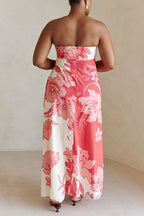 Flora Sunset Linen Blend Printed Front Slit Strapless Midi Top and High Rise Pocket Loose Pants Set