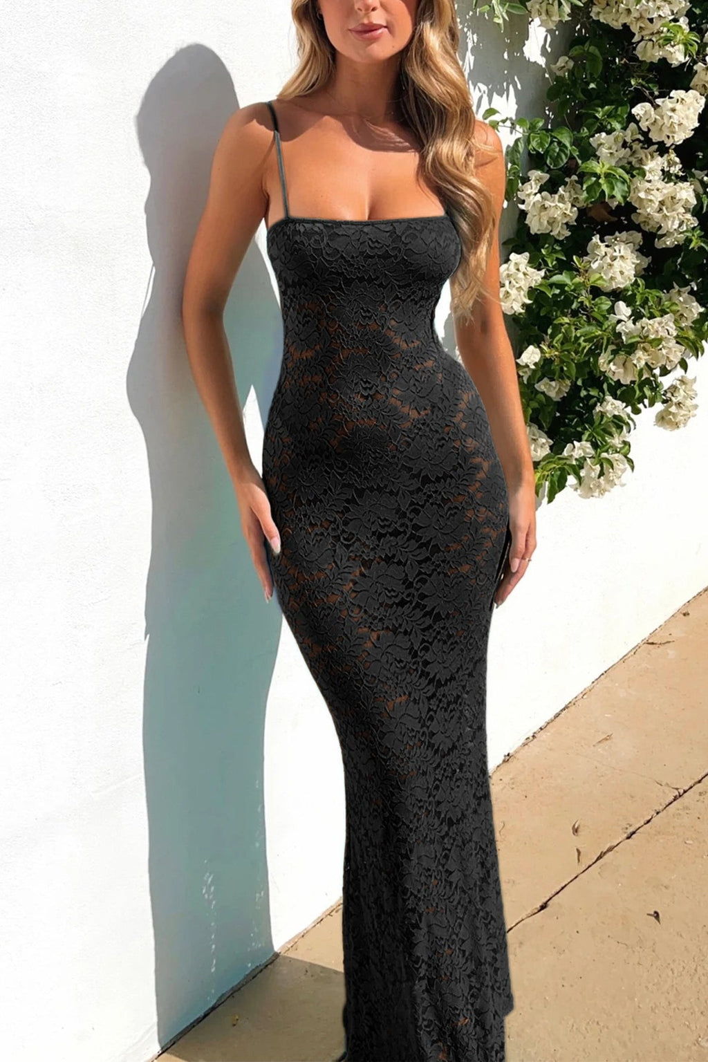 Lace Square Neck Spaghetti Strap Bodycon Maxi Dress