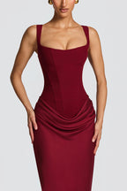 Larrah Square Neck Back Lace-up Satin Drape Hem Maxi Dress