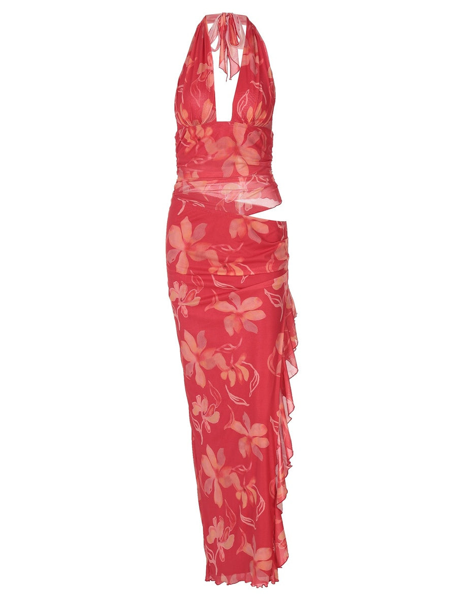 Deep V-neck Strapless Dress With Cropped Waist And Halter Neck