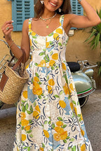 Button Down Printed A-line Ruffle Midi Sundress