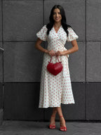 Pure Cotton Bandage Wrap-up Puff Sleeve Printed Comfort Maxi Dresses