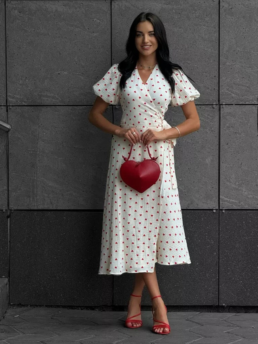 Pure Cotton Bandage Wrap-up Puff Sleeve Printed Comfort Maxi Dresses