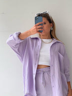 Long-sleeved Shirt And High-waisted Drawstring Shorts Casual Two-piece Set