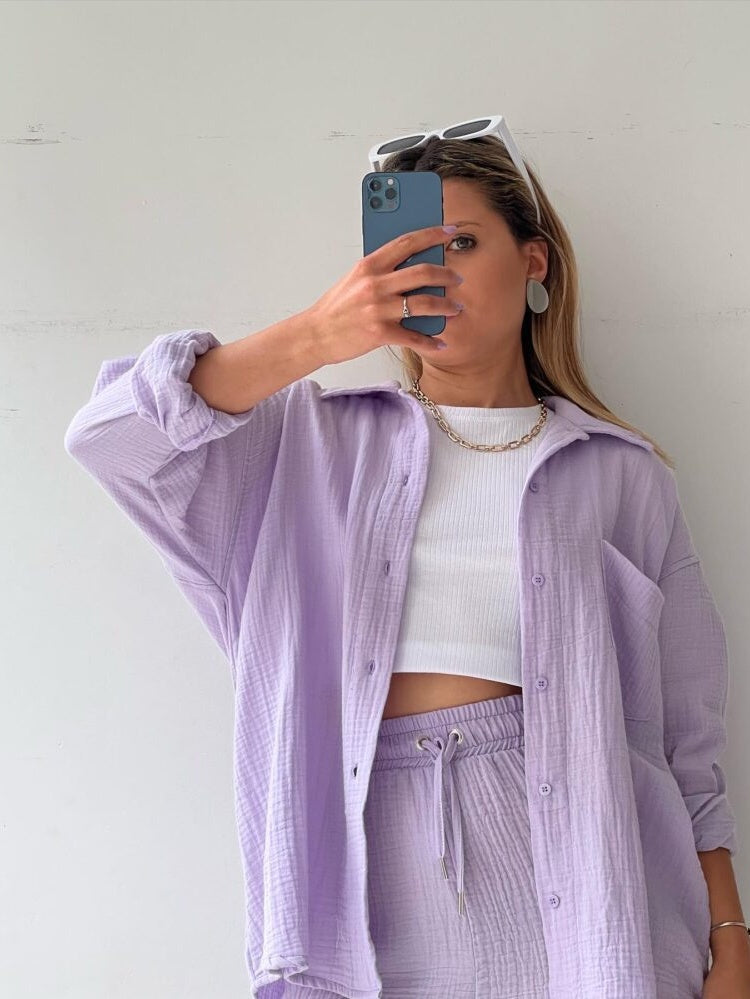Long-sleeved Shirt And High-waisted Drawstring Shorts Casual Two-piece Set