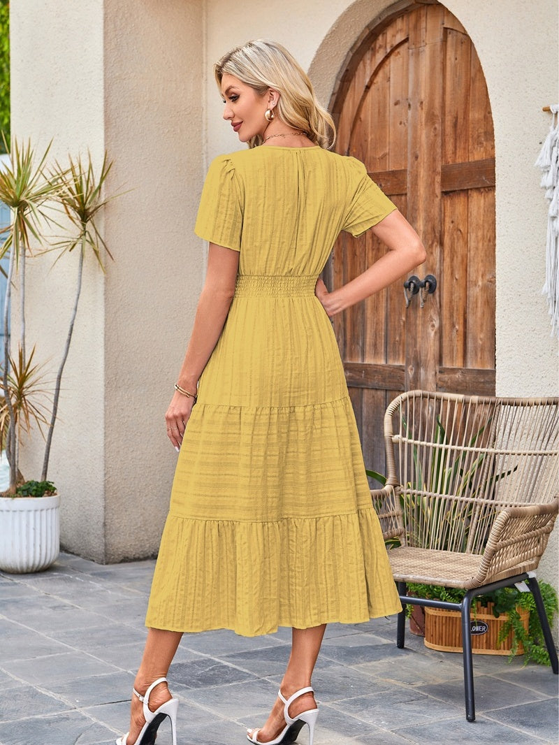 V-neck, Gathered, Puff Sleeve, Full Skirt, Short-sleeved Long Dress