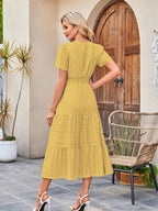 V-neck, Gathered, Puff Sleeve, Full Skirt, Short-sleeved Long Dress