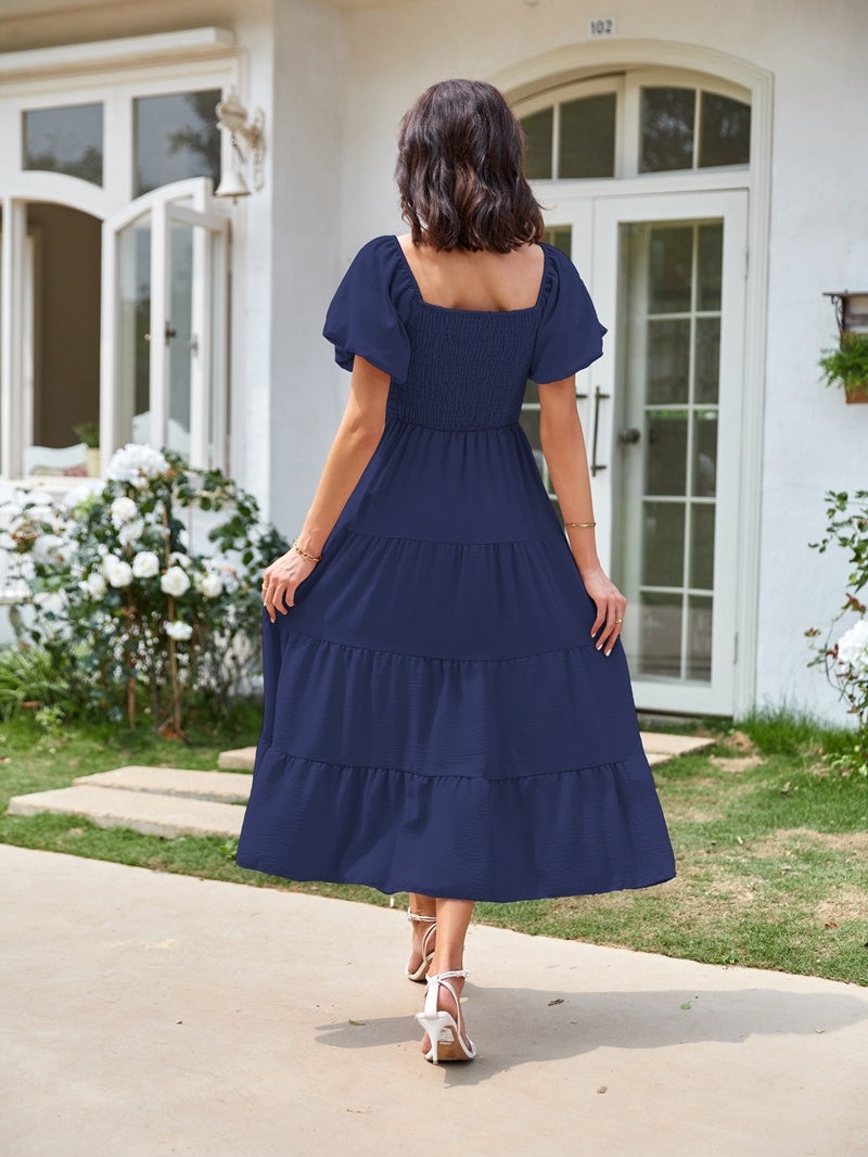 Square Neck, Backless, Puff Sleeve, Pleated Short-sleeved Long Dress