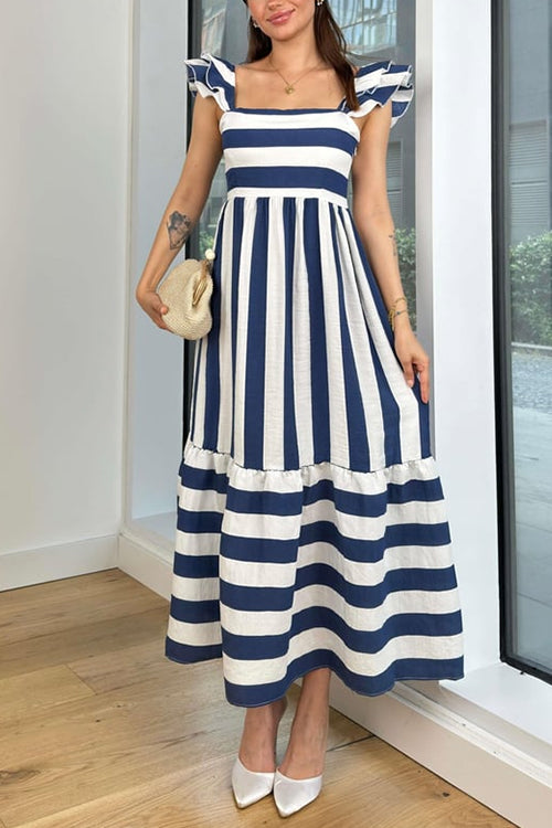 Square Neck Ruffle Sleeves Striped Maxi Dress