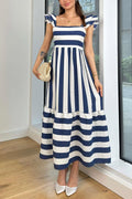 Square Neck Ruffle Sleeves Striped Maxi Dress