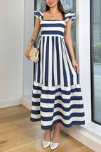 Square Neck Ruffle Sleeves Striped Maxi Dress