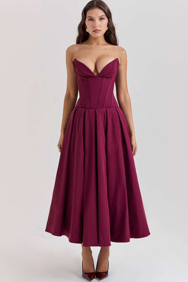 Strapless Plunging V-Neck Corset Bodice Box Pleat A-Line Midi Dress