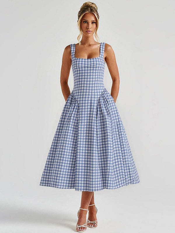Plaid Print, Fitted Waist, Sexy Backless Halter Maxi Dress