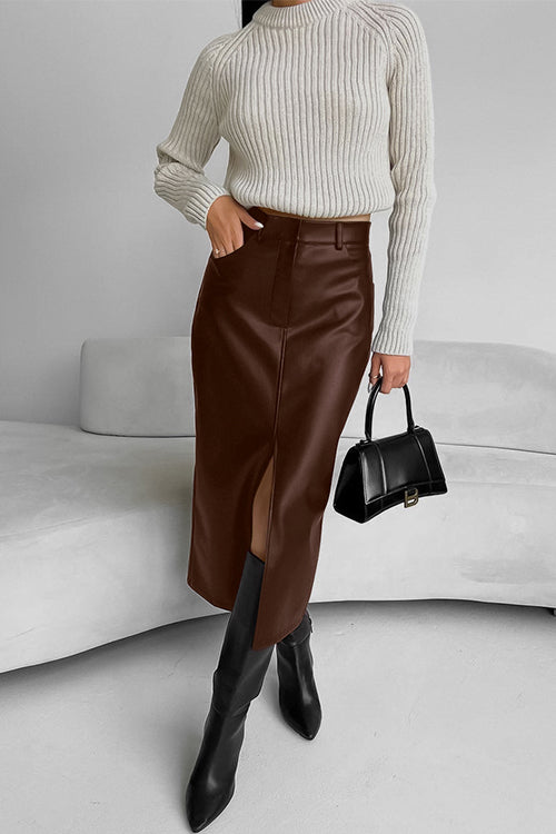 Slit Front Faux Leather Midi Skirt