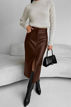 Slit Front Faux Leather Midi Skirt
