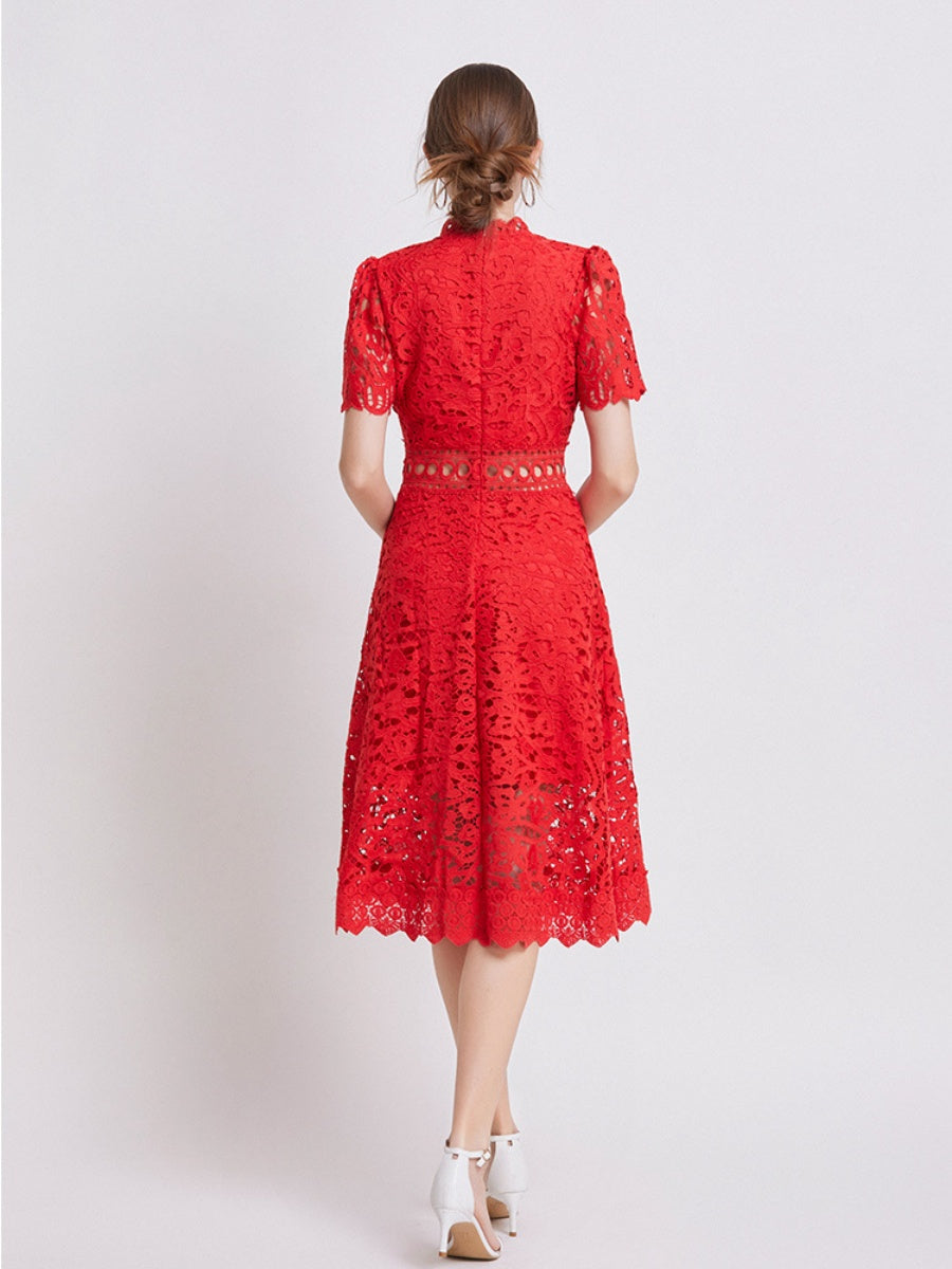 Lace Waist-cinching Hollow-out Midi Dress