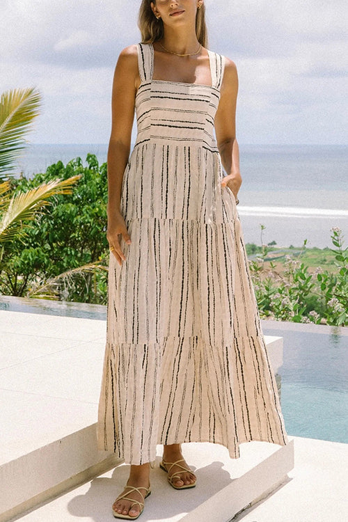 Square Collar Tiered Striped Maxi Cami Dress