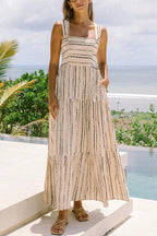 Square Collar Tiered Striped Maxi Cami Dress