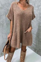 Oversized V Neck Short Sleeves Pocketed Poncho Sweater