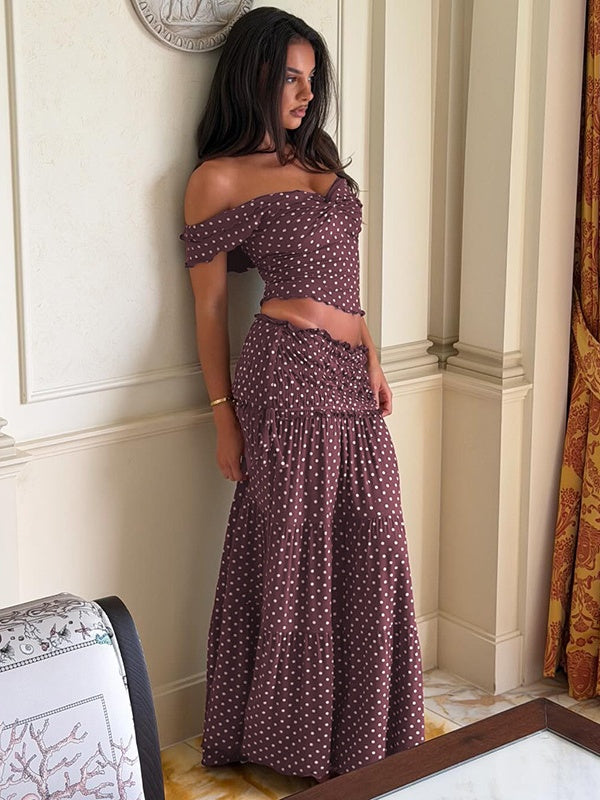 Two-piece Set: Raglan Strapless Top With Polka Dot Side Bow And Long Skirt