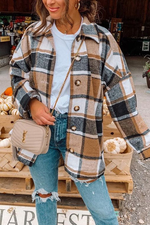 Drop Shoulder Button Up Plaid Shirt Coat