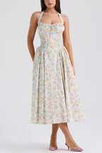 Halter Ruched Waist A-line Printed Midi Sundress