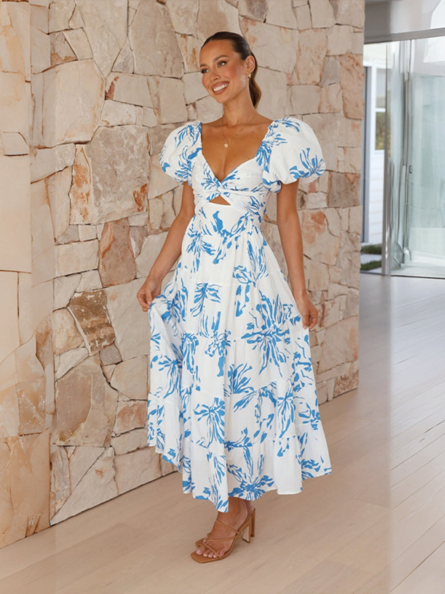 Printed Puff Sleeve Sweetheart Collar Vacation Maxi Dresses