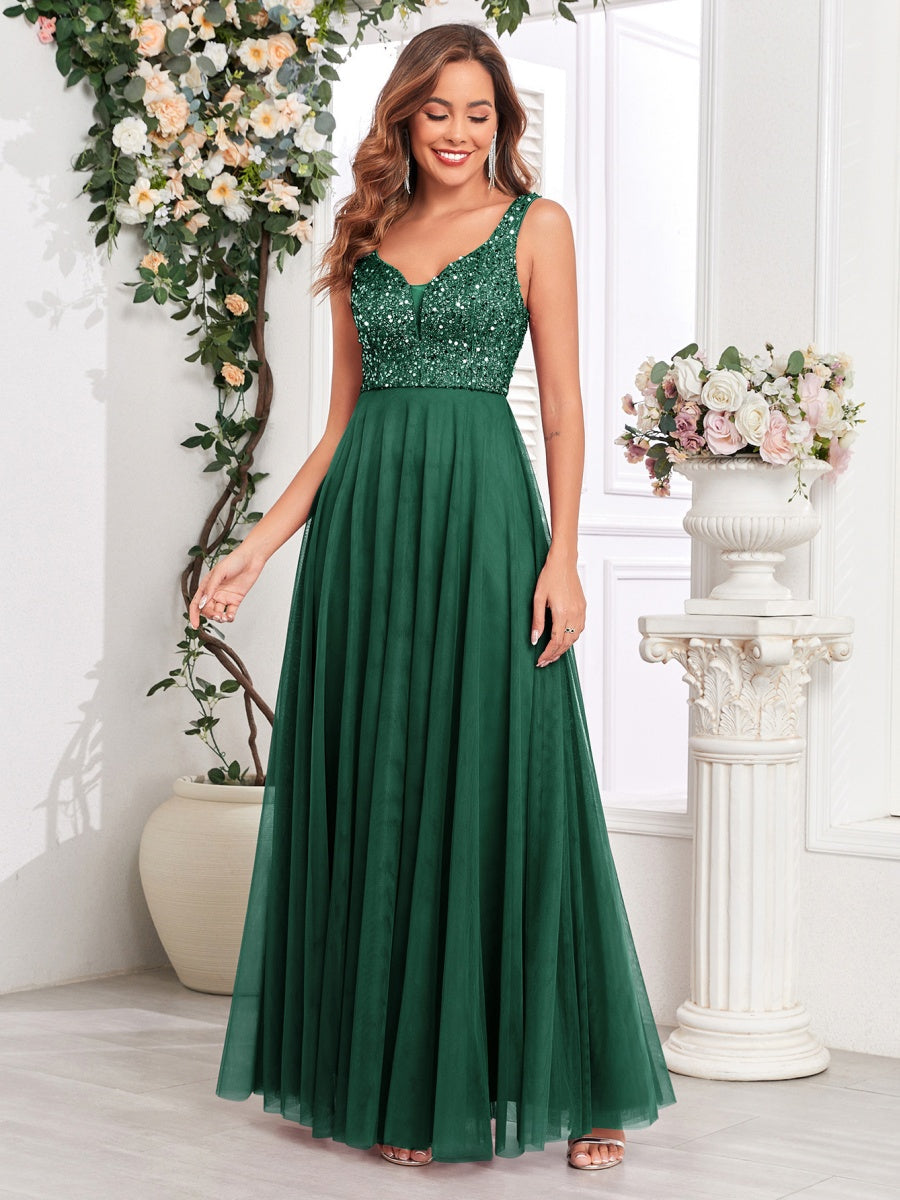 V-neck Embroidery Sequins Elegant Gauze Formal Dress Maxi Dresses