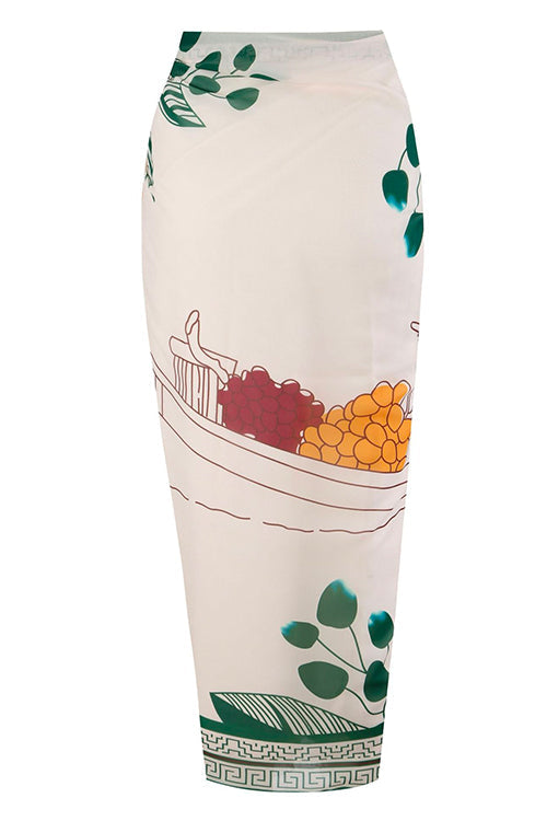 Bow Front One-piece Swimsuit and Printed Wrap Cover Up Skirt Set