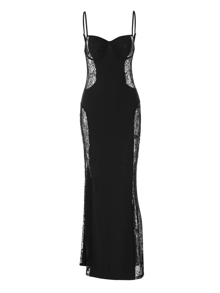 Patchwork Lace Hollow-out Waist-cinching Hip-hugging Spaghetti Strap Long Dress