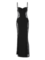 Patchwork Lace Hollow-out Waist-cinching Hip-hugging Spaghetti Strap Long Dress