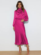 Satin Long Sleeve Zipper Solid Color Maxi Dresses