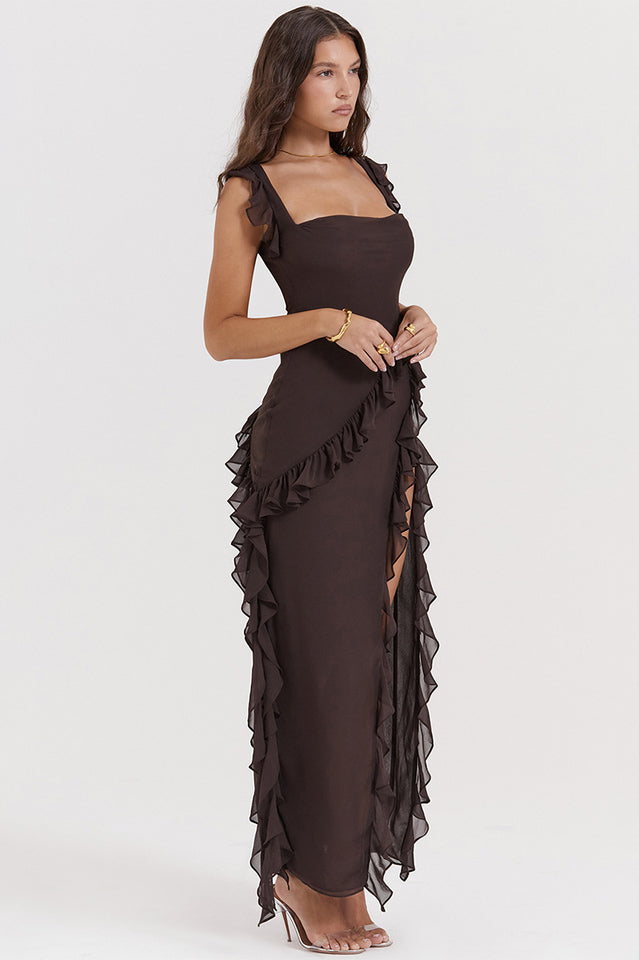 Square Neck Ruffle Strap Thigh Slit Asymmetric Ruffle Hem Maxi Dress