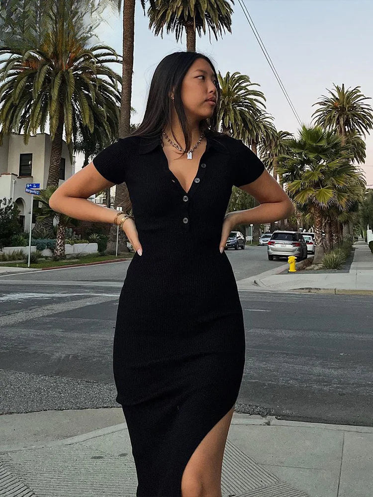 Ribbed Knit Polo Collar Button Placket Side Slit Maxi Dress