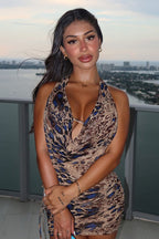 Leopard Print V Neck Halter Tie Back Crop Top Low Rise Skirt Set