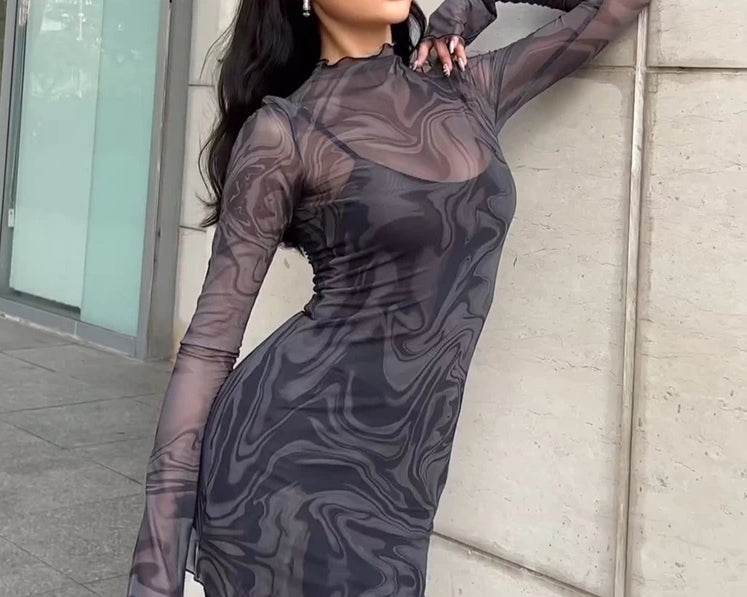 Marble Print Mesh Mock Neck Lettuce Trim Long Sleeve Bodycon Mini Dress
