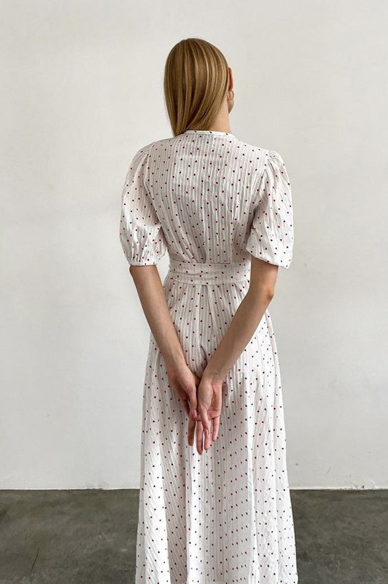 Heart Print Puff Sleeve V-Neck Wrap Maxi Dress