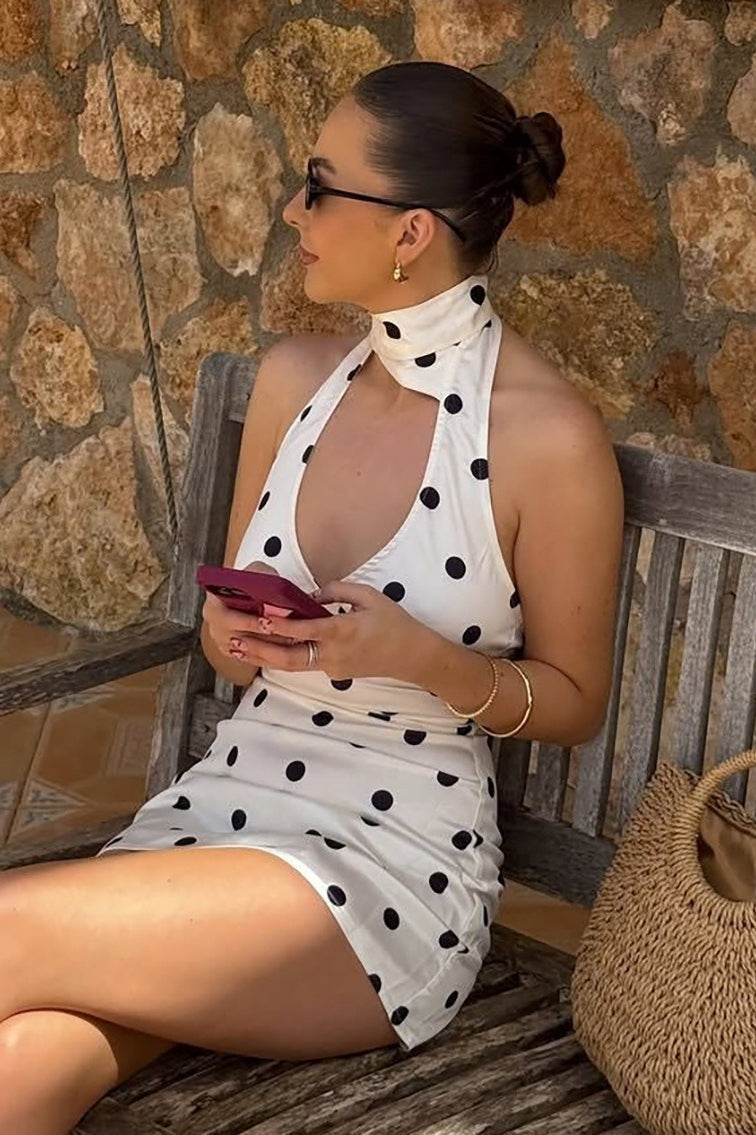 Polka Dot Choker Neck Halter Keyhole Cut Out Bodycon Mini Dress