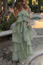 Romantic Summer Chiffon Tiered Ruffle Deep V-Back Halter A-line Maxi Design
