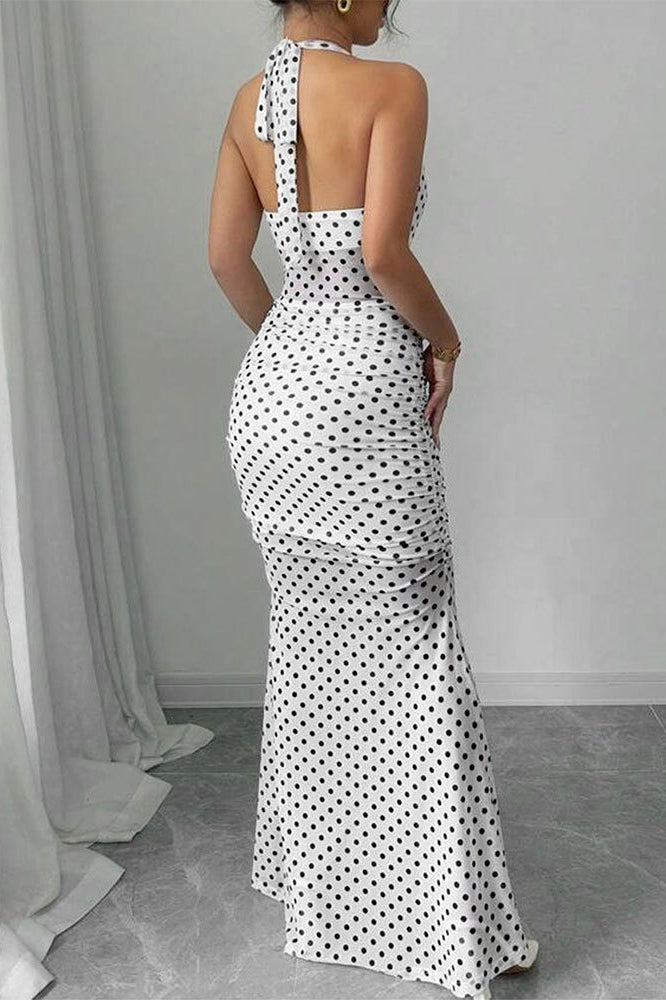 White Polka Dot Backless Cami Mesh Maxi Dress