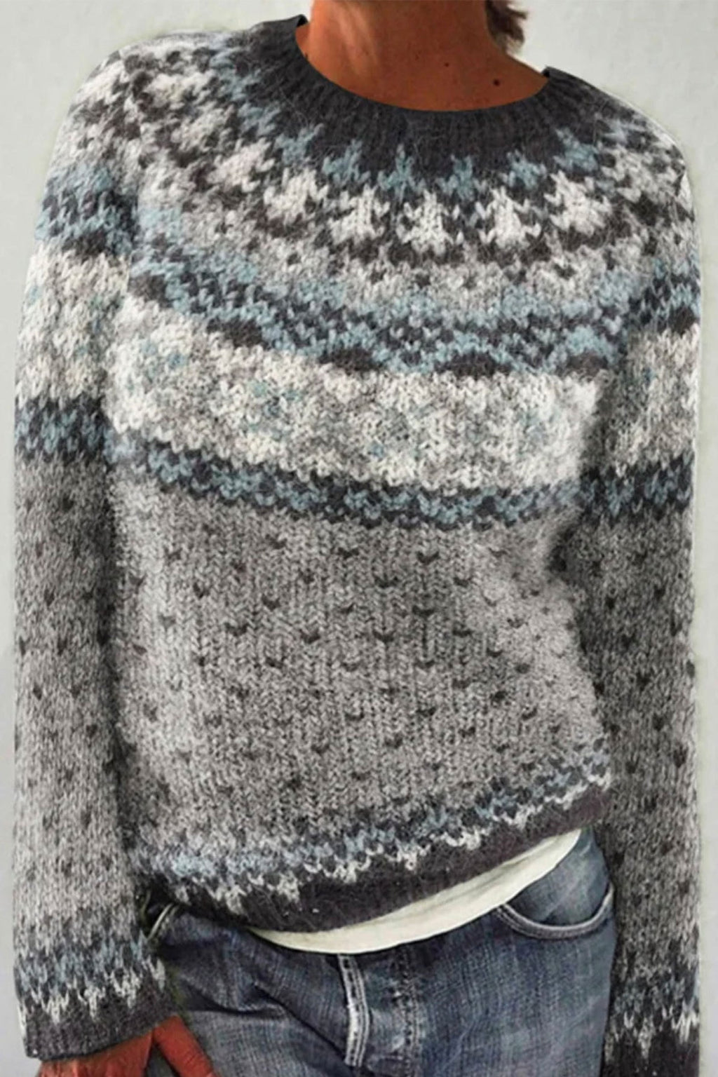 Knit Fair Isle Jacquard Round Neck Loose Sweater