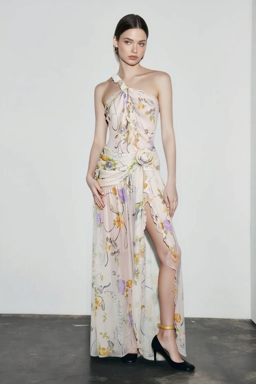 One Shoulder Floral Print Draped Rosette Waist Ruffle Slit Maxi Dress