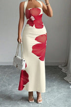 Halter Neck Wide Strap Large Floral Print Bodycon Maxi Dress