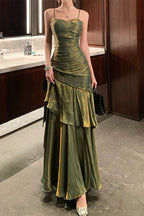 Sweetheart Spaghetti Strap Ruched Knot Detail Tiered Mermaid Maxi Gown