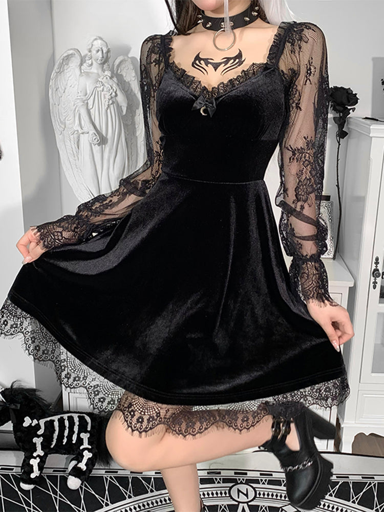 Velvet Sweetheart Lace Trim Crescent Moon Charm Bell Sleeve Skater Mini Dress
