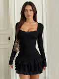 Lace Square Neck Mini Dress For Women - Black Gothic Ruffle Layered Long Sleeve Bodycon - Spring Night Out Clubwear 2026